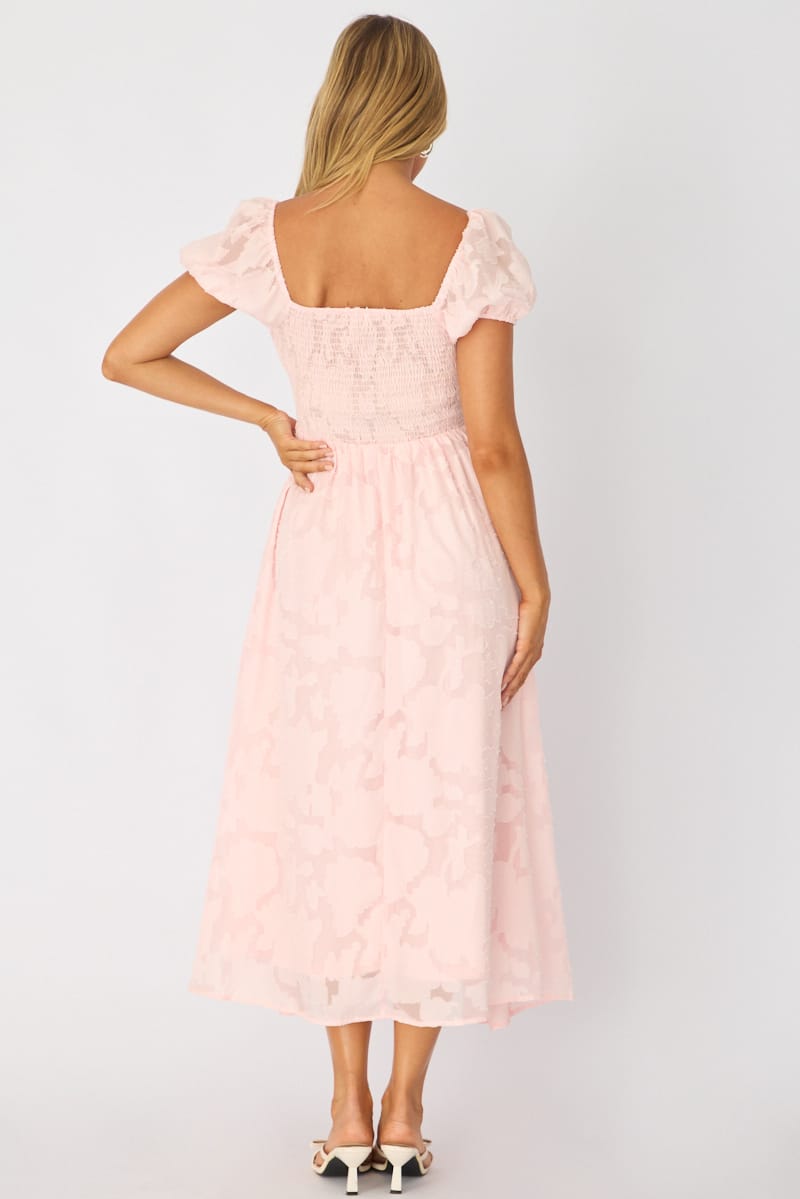 Pink Midi Dress Puff Sleeve for Ally Fashion