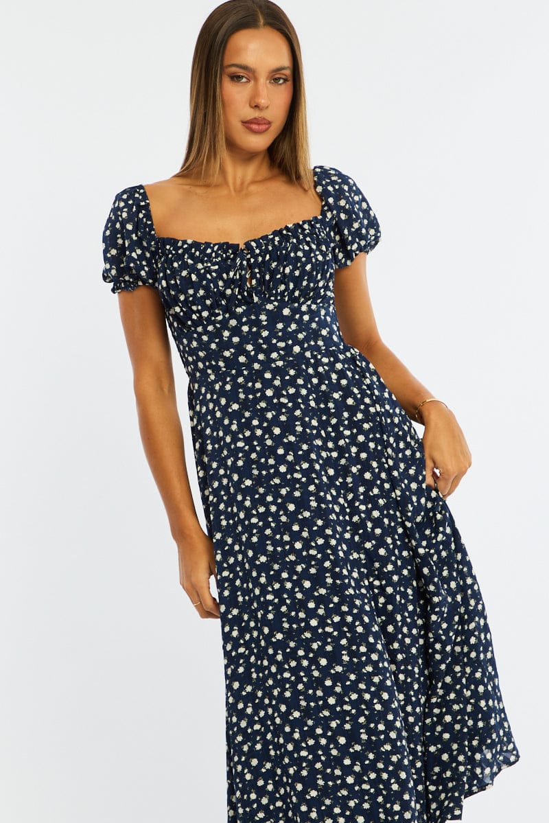 Blue Ditsy Midi Dress Puff Sleeve | Ally Fashion