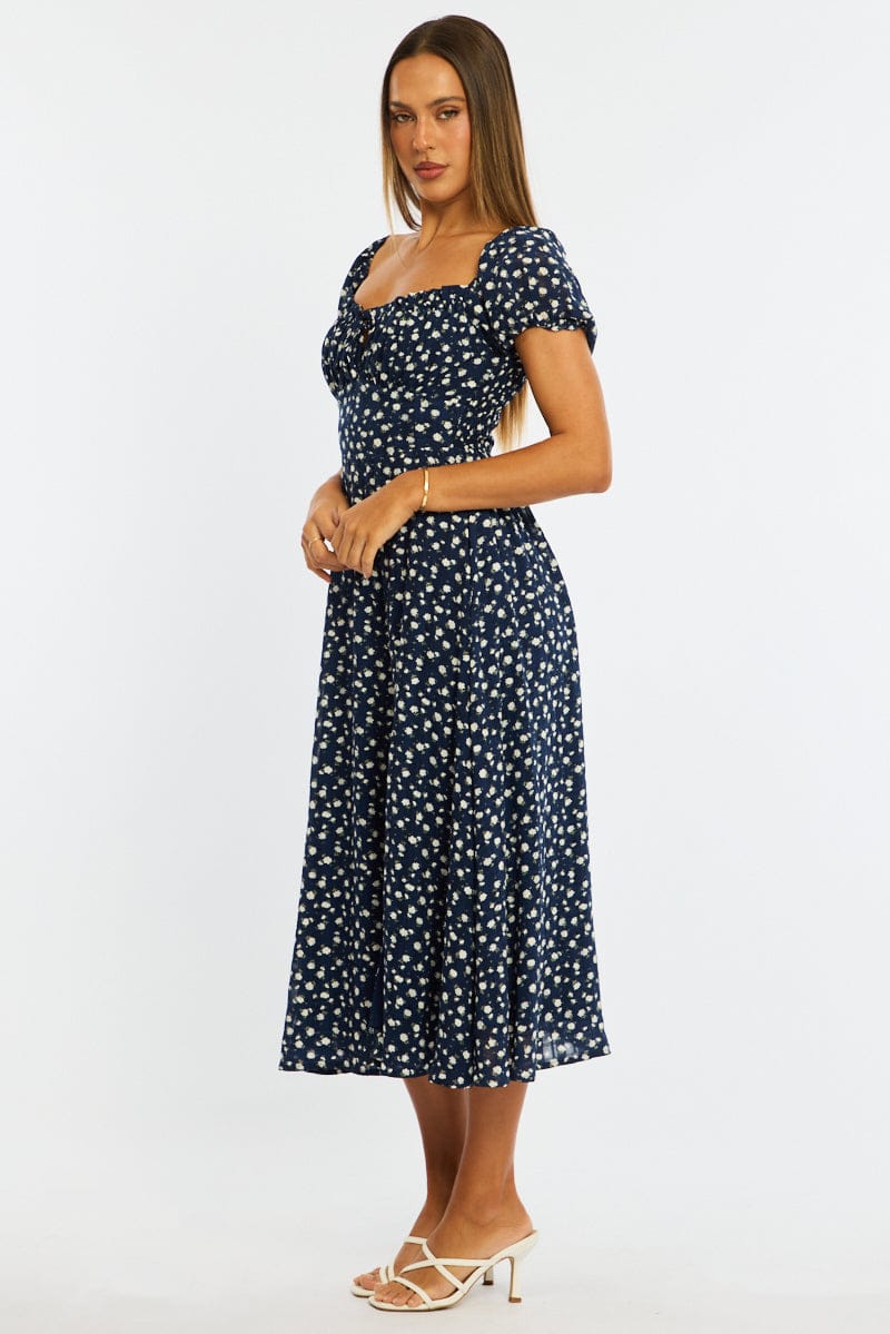 Blue Ditsy Midi Dress Puff Sleeve for Ally Fashion