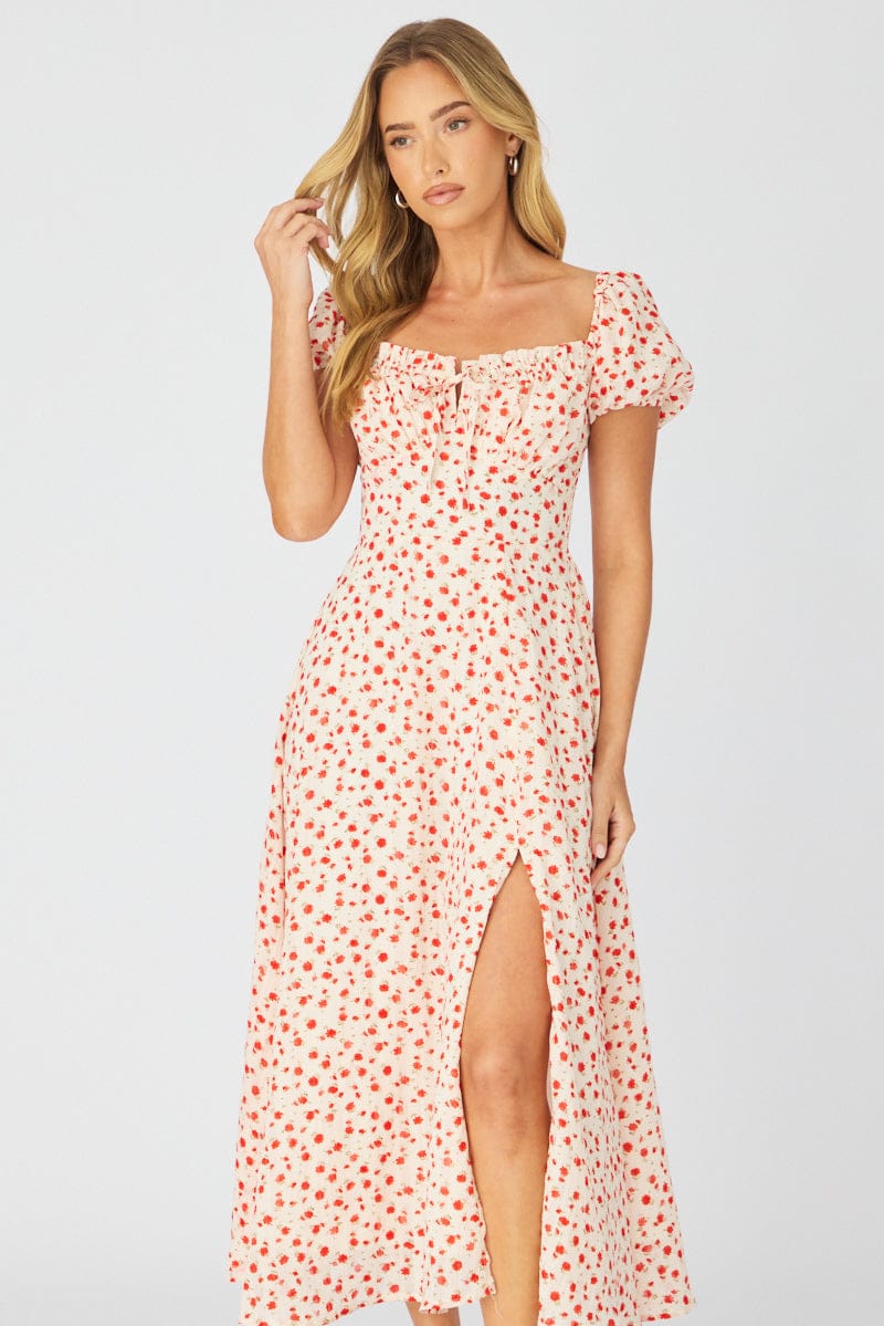 White Ditsy Midi Dress Puff Sleeve for Ally Fashion