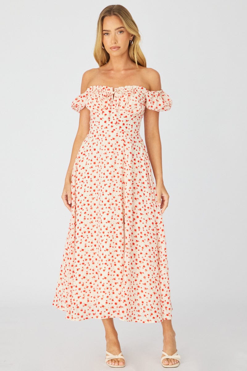 White Ditsy Midi Dress Puff Sleeve for Ally Fashion