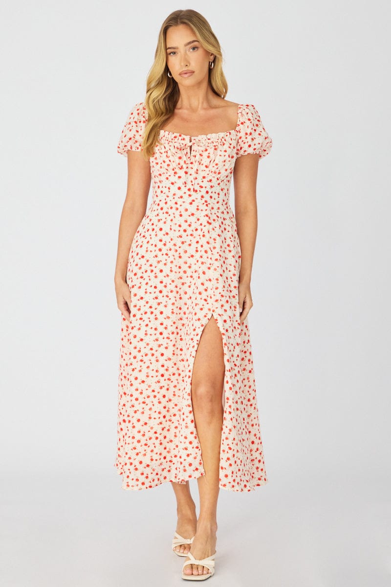 White Ditsy Midi Dress Puff Sleeve for Ally Fashion
