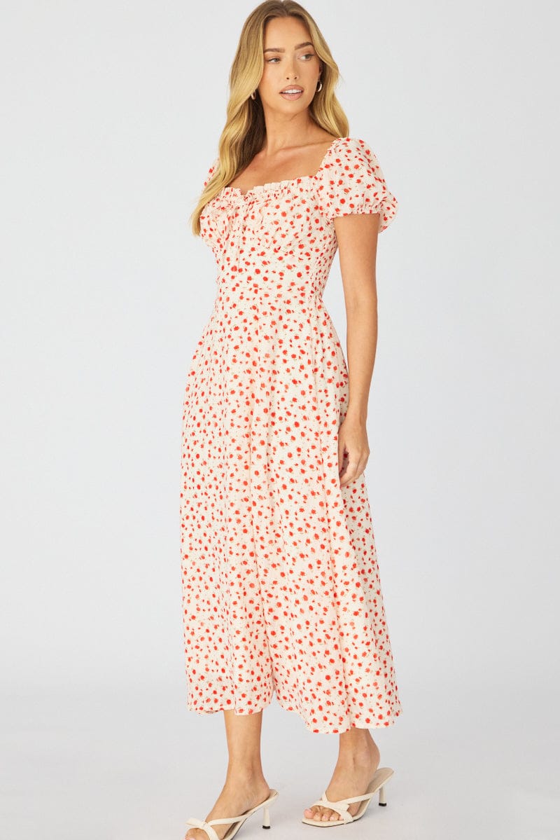 White Ditsy Midi Dress Puff Sleeve for Ally Fashion