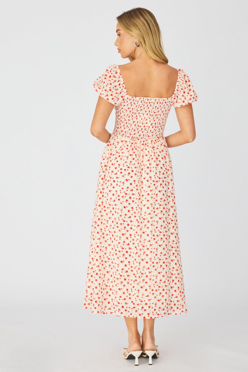 White Ditsy Midi Dress Puff Sleeve for Ally Fashion