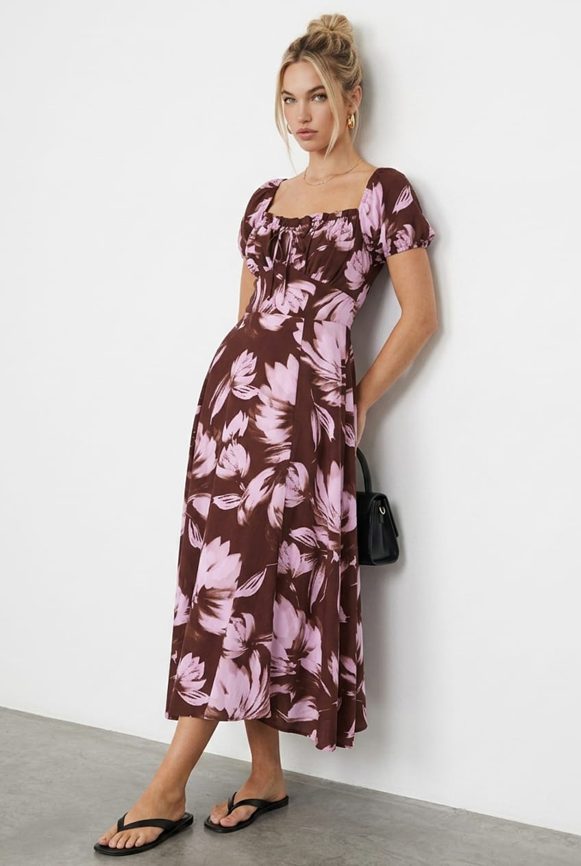 Purple Floral Midi Dress with Puff Sleeves from Ally Fashion