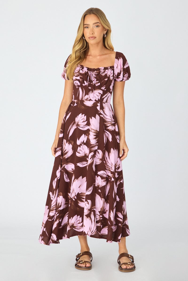 Purple Floral Midi Dress Puff Sleeve for Ally Fashion