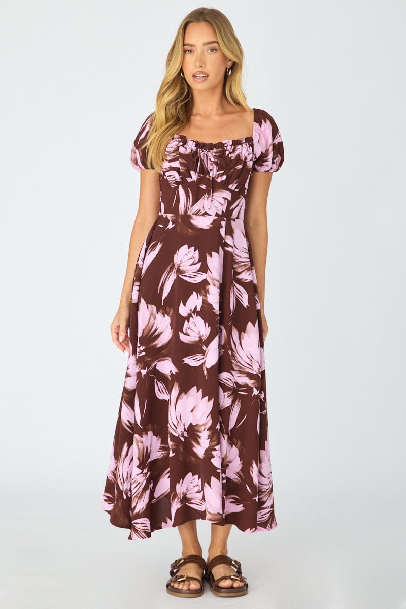 Purple Floral Midi Dress Puff Sleeve for Ally Fashion