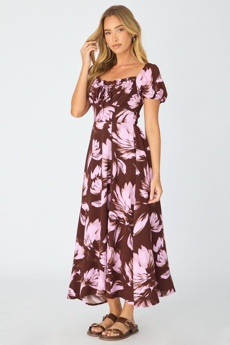 Purple Floral Midi Dress Puff Sleeve for Ally Fashion