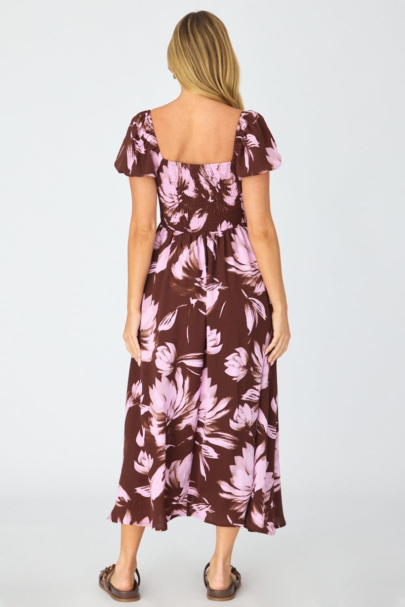 Purple Floral Midi Dress Puff Sleeve for Ally Fashion