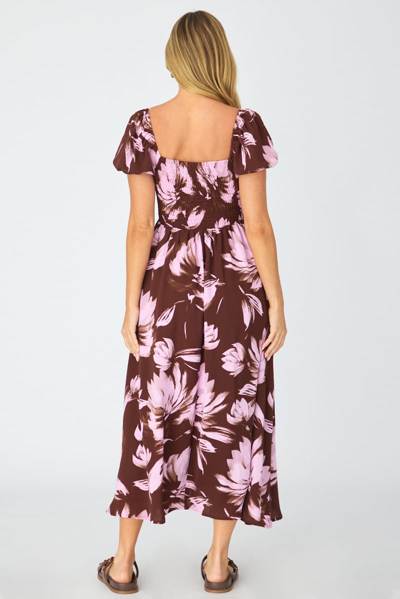 Purple Floral Midi Dress Puff Sleeve for Ally Fashion