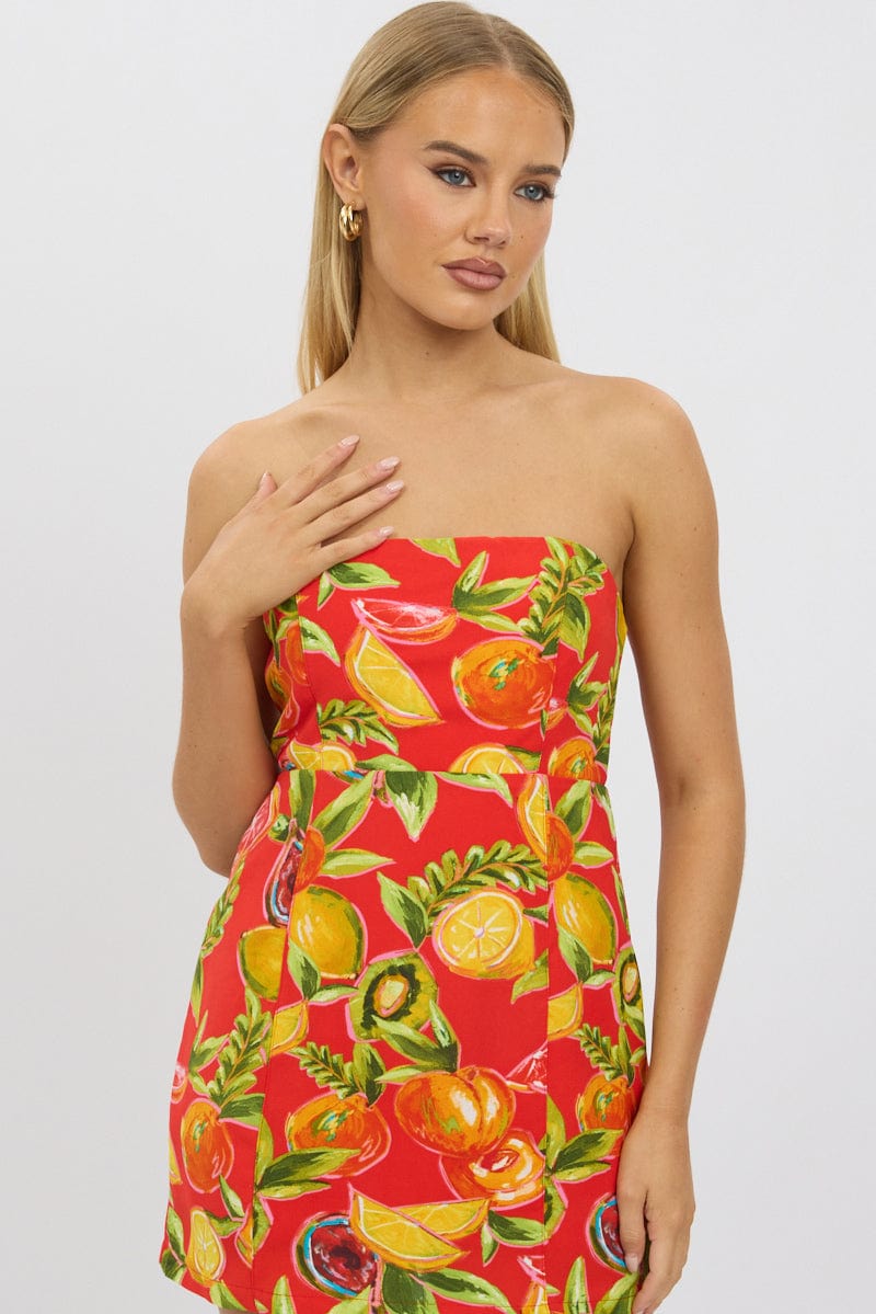 Red Abstract Strapless Mini Dress | Ally Fashion Red Abstract Strapless Mini Dress | Ally Fashion
