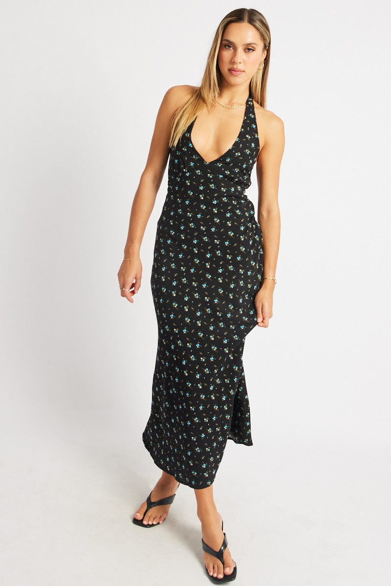 Black Ditsy Midi Dress Halter Neck for Ally Fashion