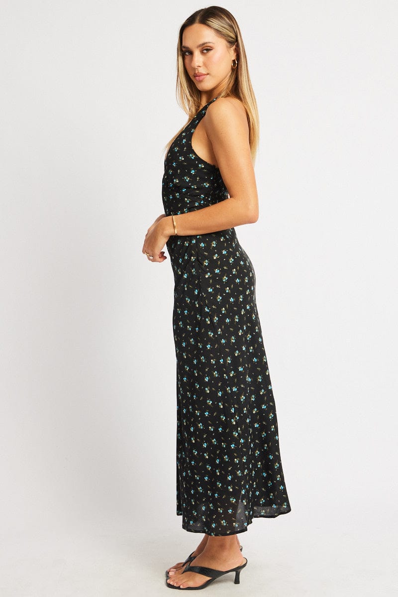 Black Ditsy Midi Dress Halter Neck for Ally Fashion