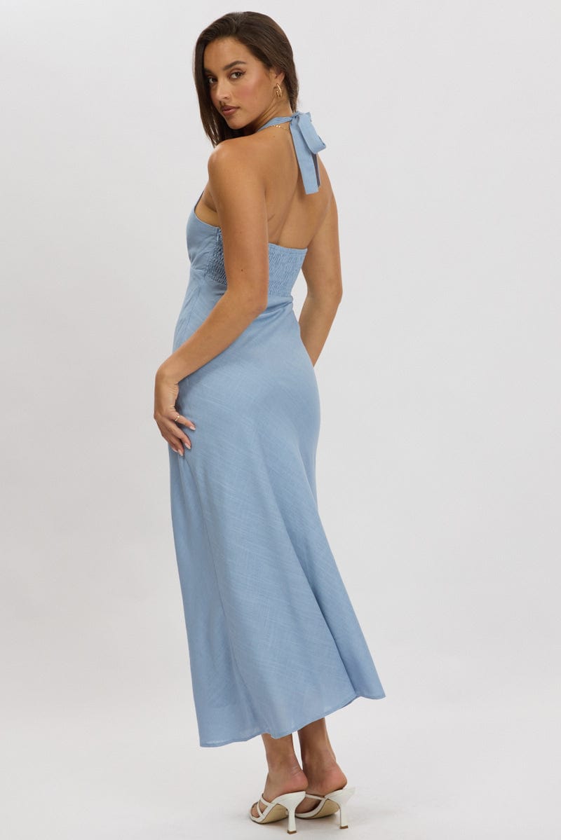 Blue Midi Dress Halter Neck for Ally Fashion