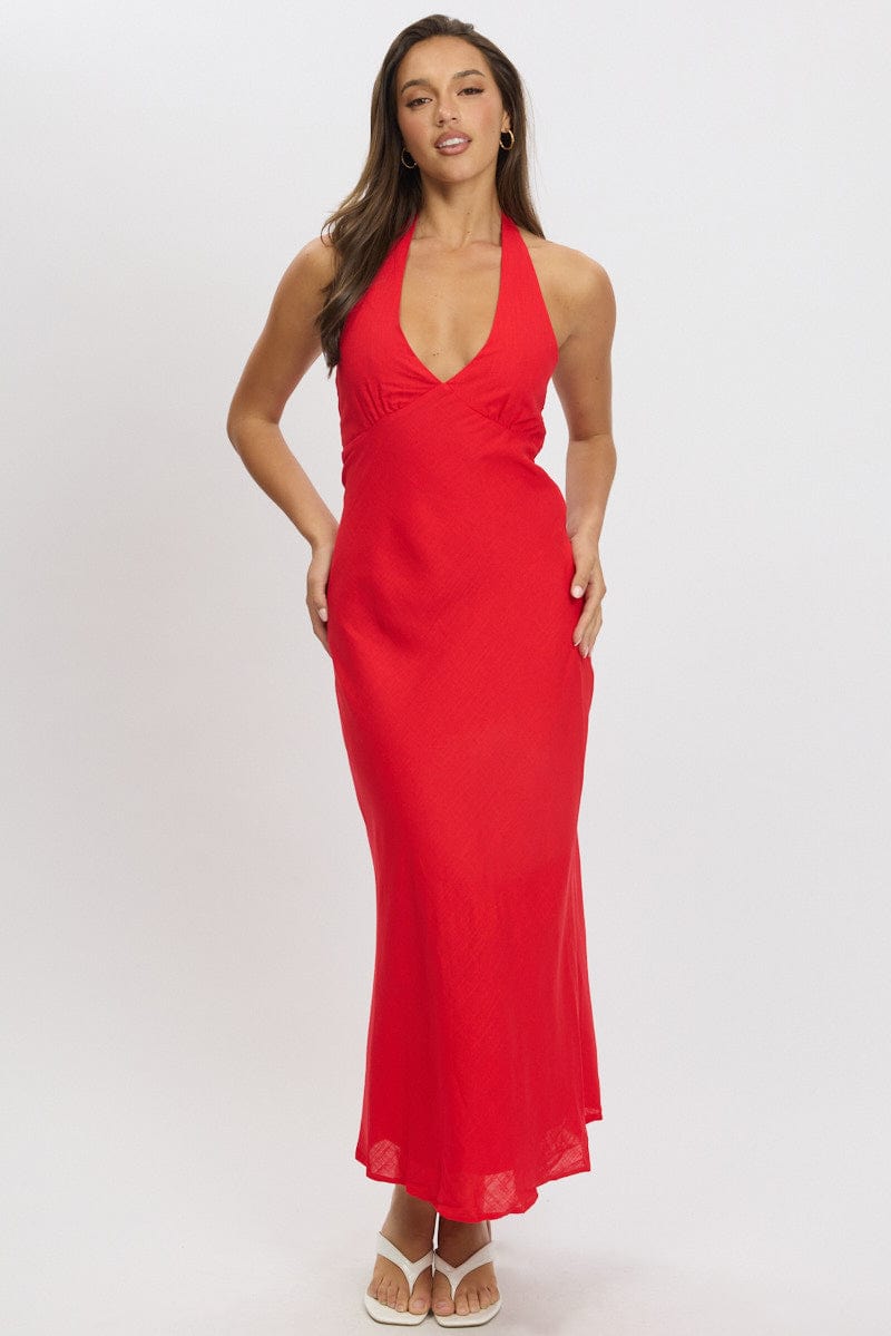 Red Midi Dress Halter Neck for Ally Fashion