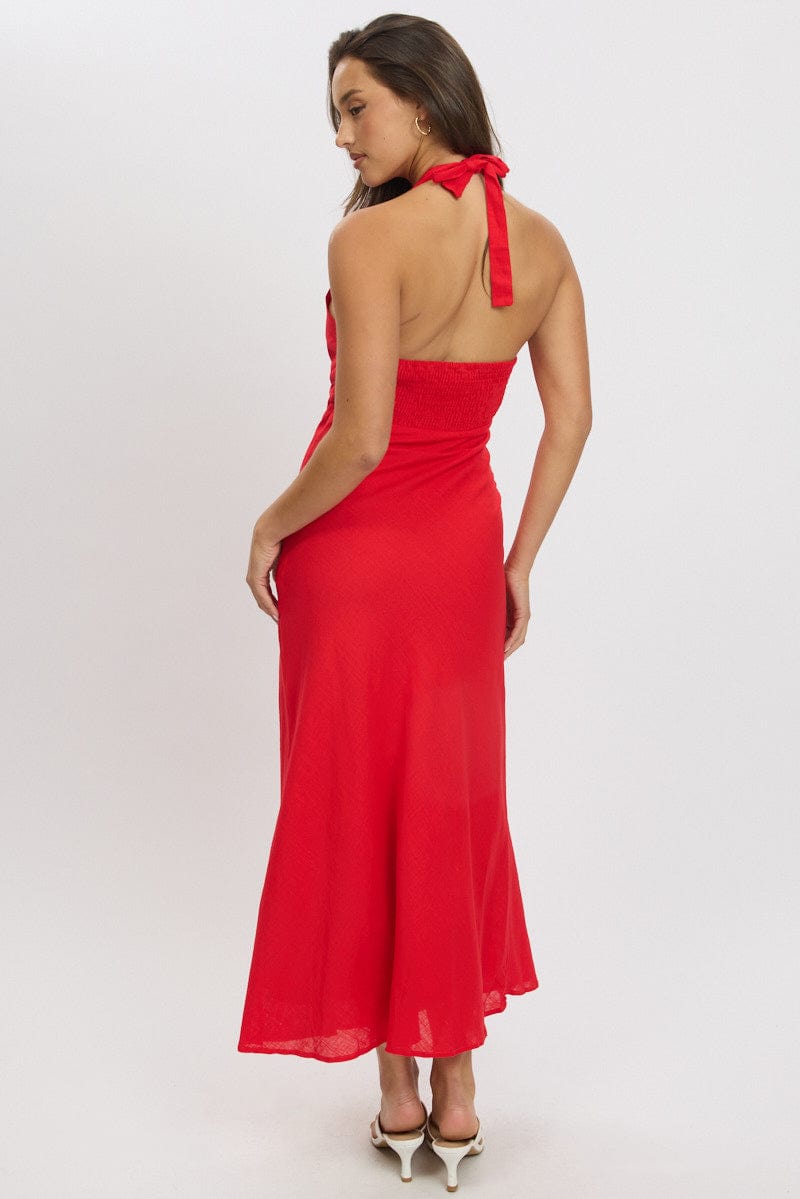 Red Midi Dress Halter Neck for Ally Fashion