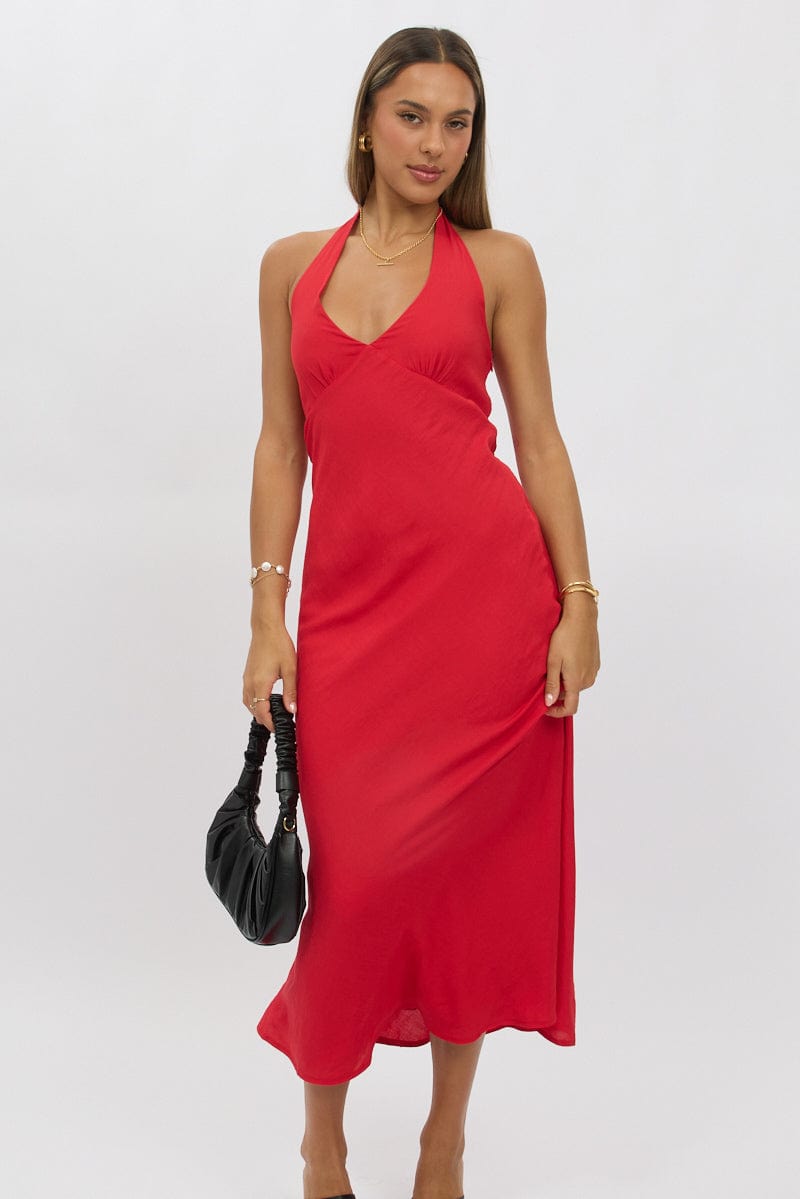 Red Halter Neck Dress Midi for Ally Fashion