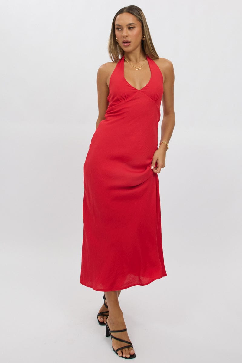 Red Halter Neck Dress Midi for Ally Fashion