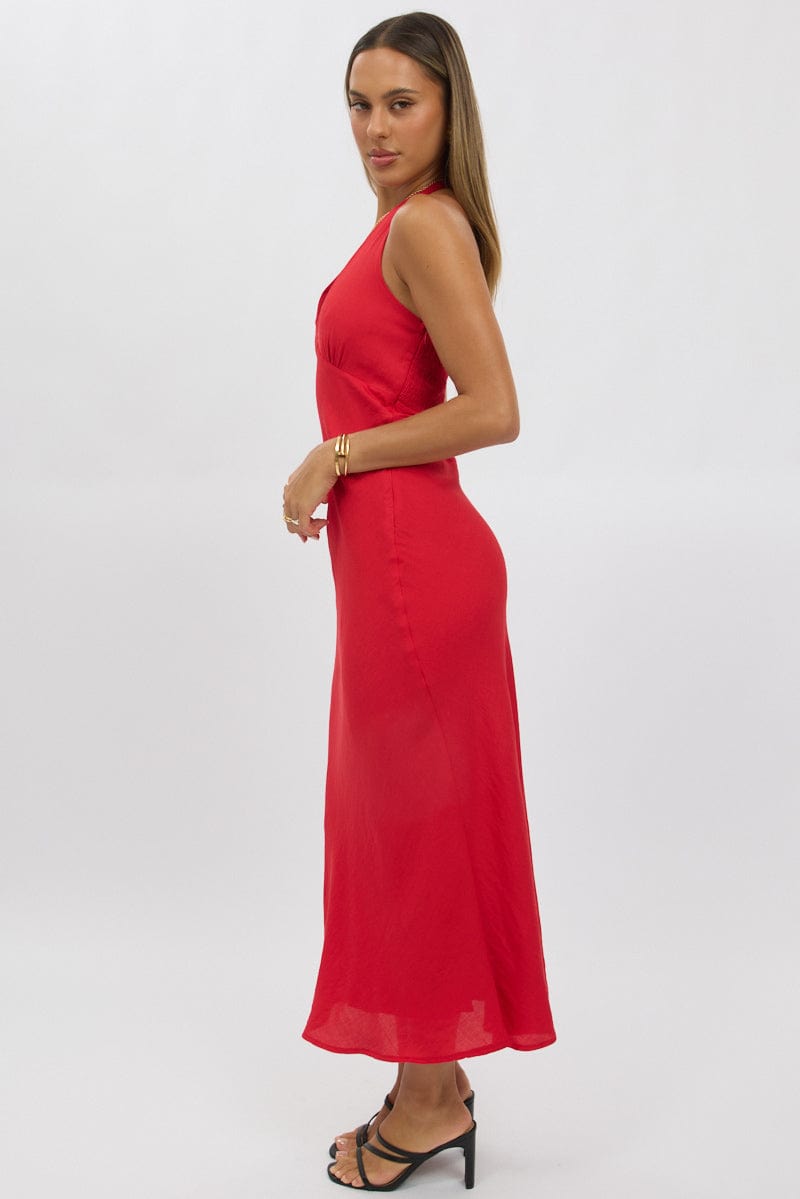 Red Halter Neck Dress Midi for Ally Fashion