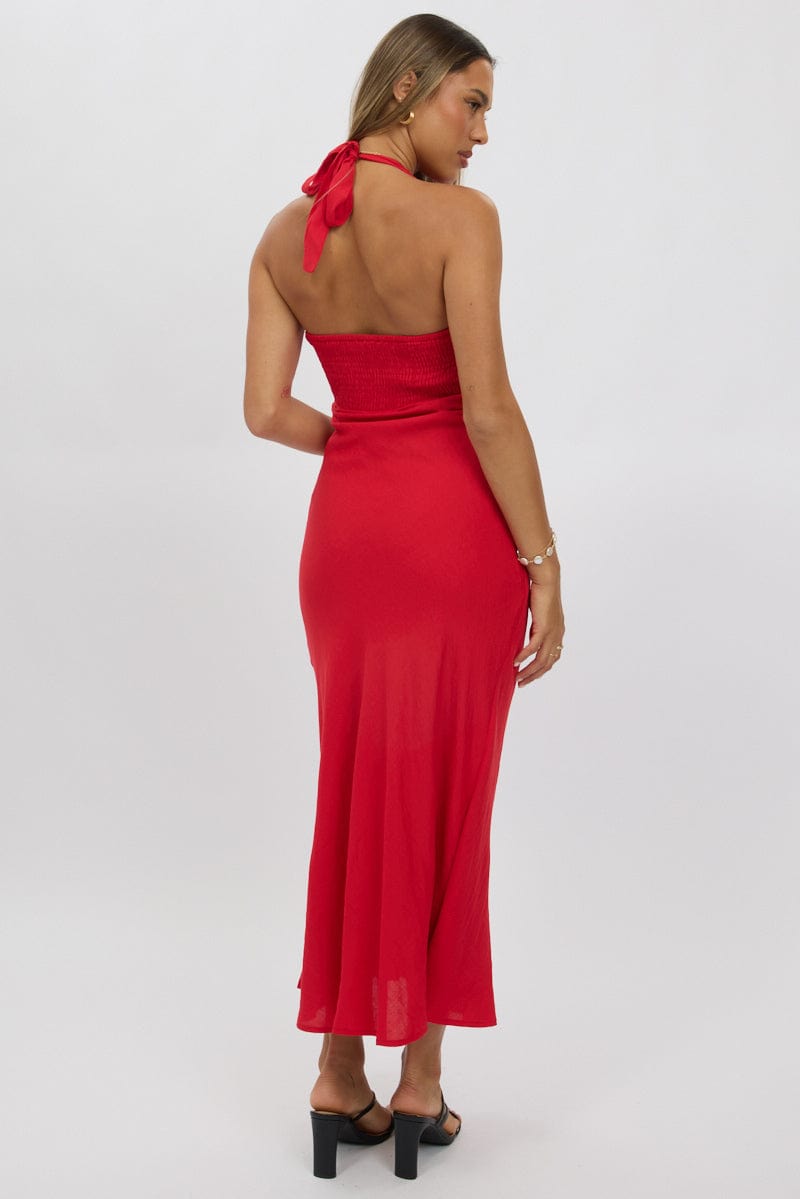 Red Halter Neck Dress Midi for Ally Fashion