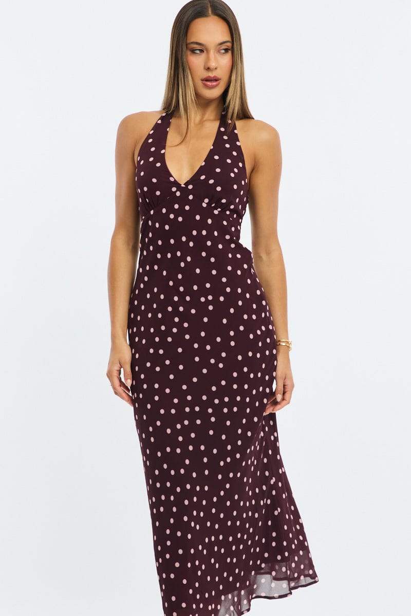 Red Polka Dot Midi Dress Halter Neck for Ally Fashion