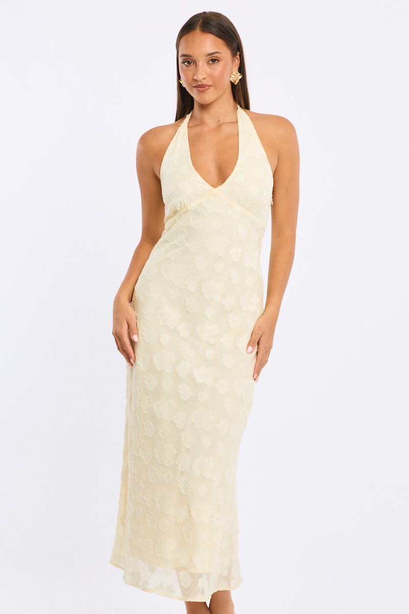 Yellow Midi Dress Halter Neck for Ally Fashion