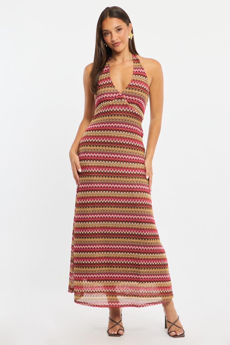 Multi Stripe Midi Dress Halter Neck for Ally Fashion