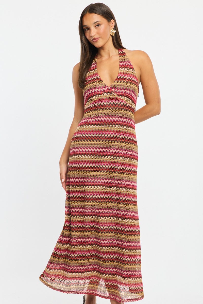 Multi Stripe Midi Dress Halter Neck for Ally Fashion