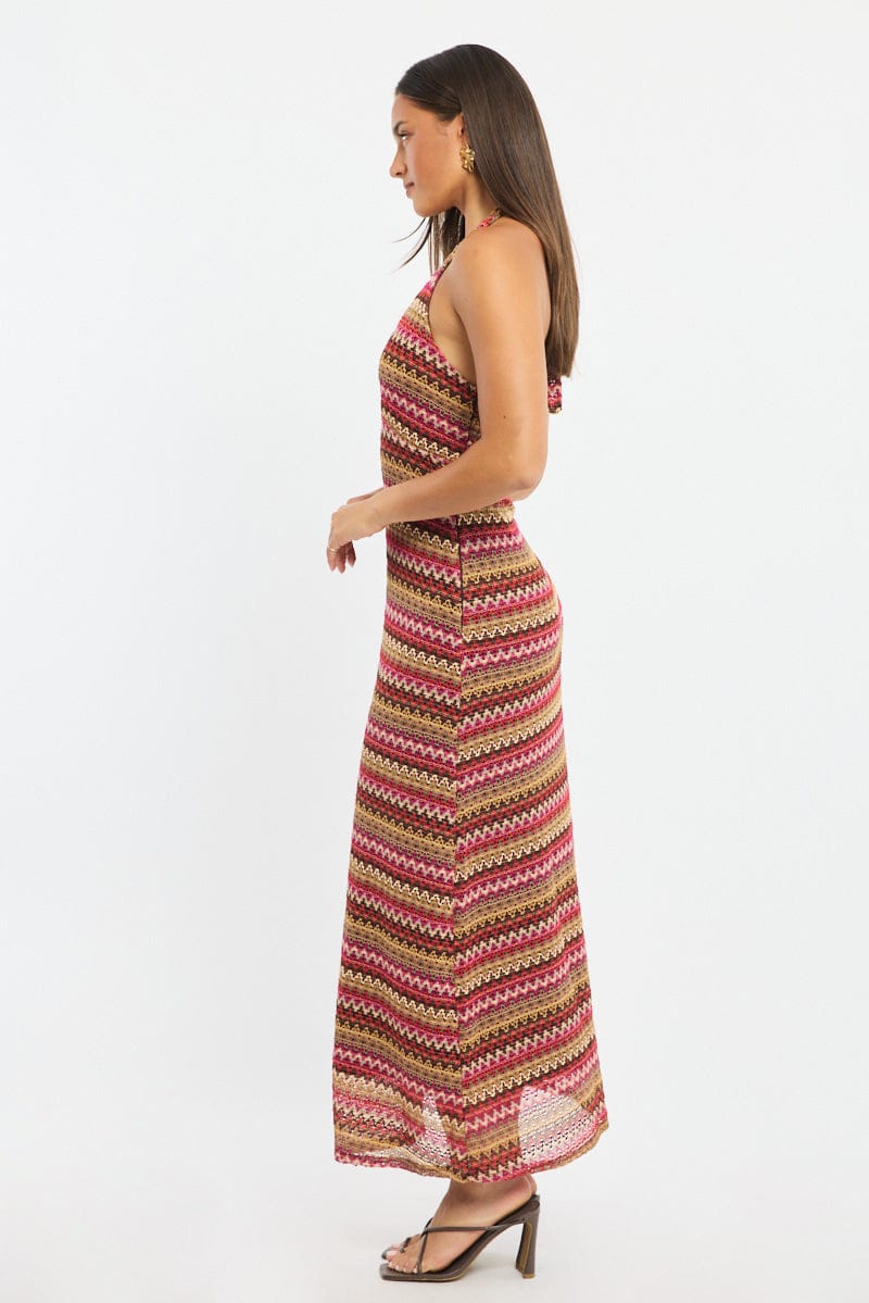 Multi Stripe Midi Dress Halter Neck for Ally Fashion