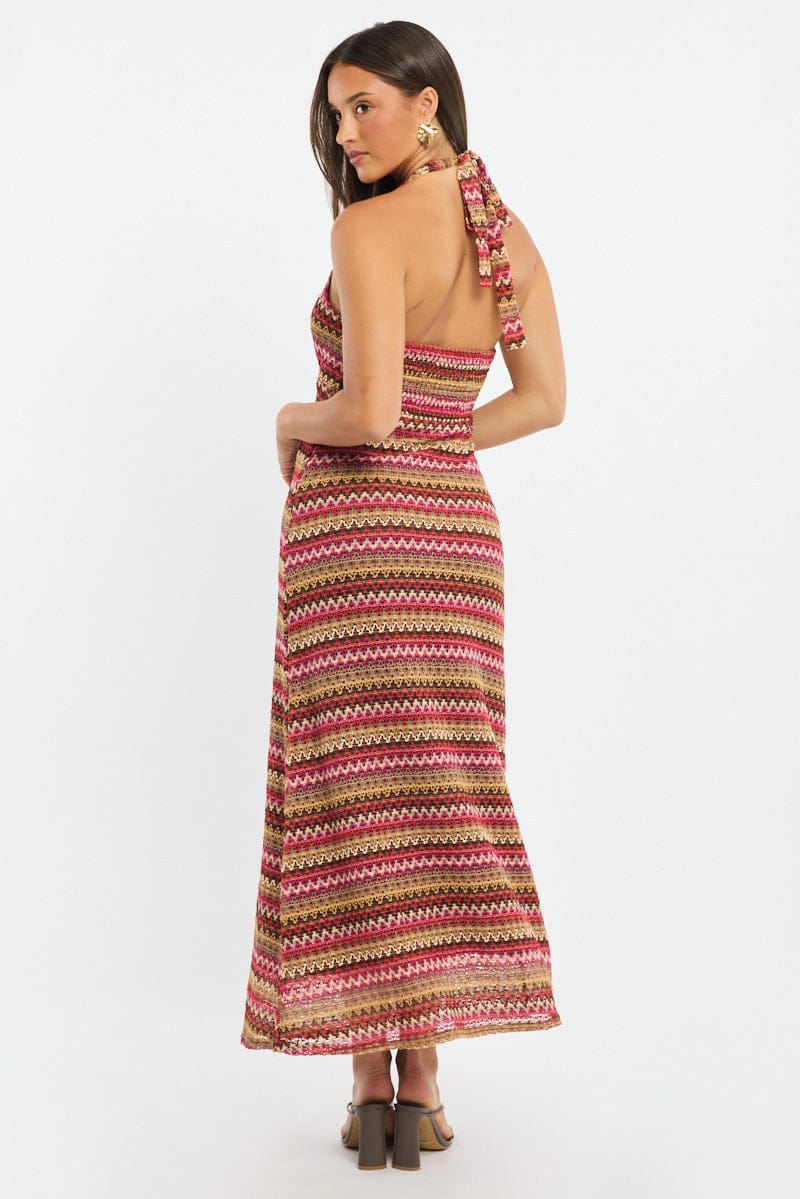 Multi Stripe Midi Dress Halter Neck for Ally Fashion