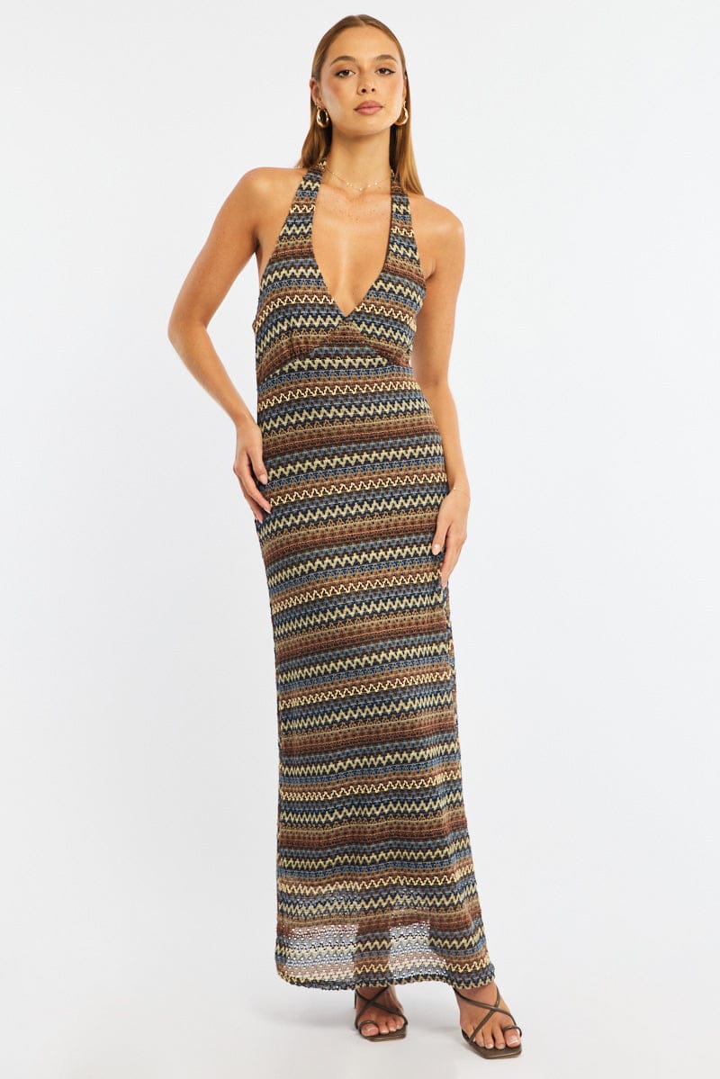 Multi Stripe Midi Dress Halter Neck for Ally Fashion