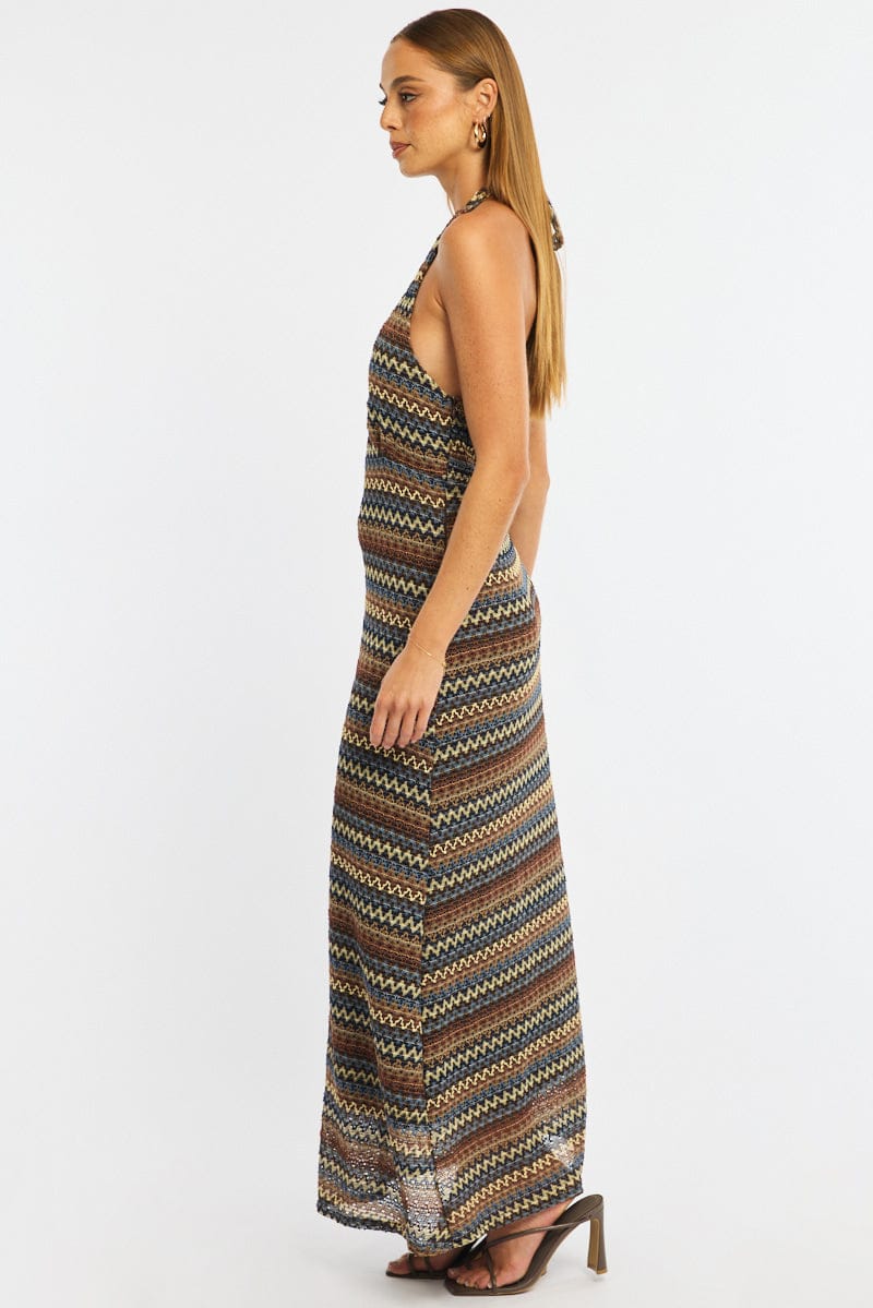 Multi Stripe Midi Dress Halter Neck for Ally Fashion