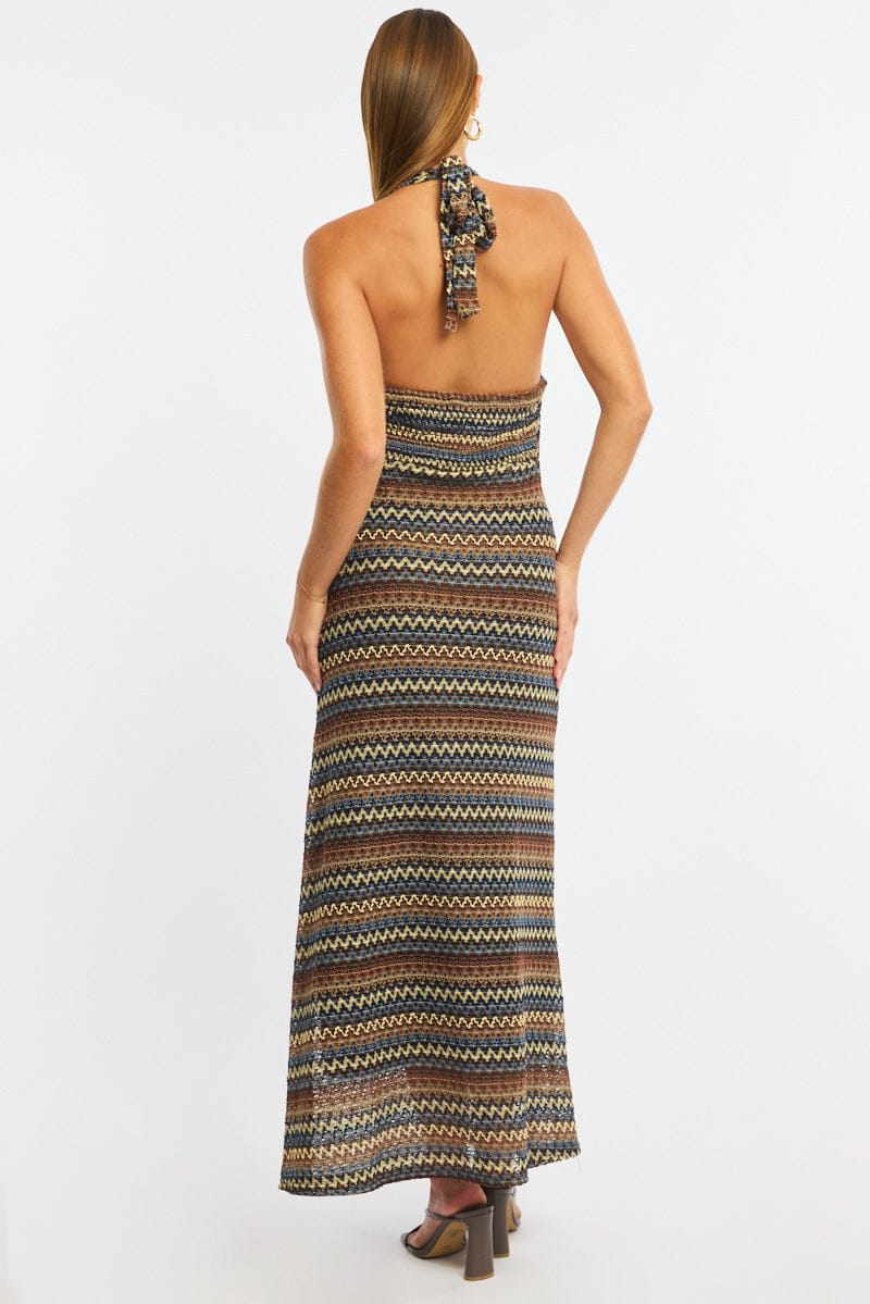 Multi Stripe Midi Dress Halter Neck for Ally Fashion