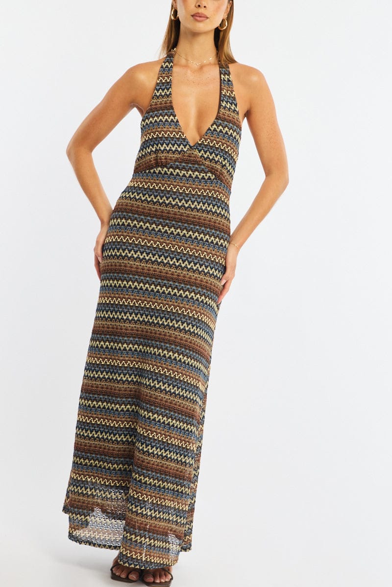 Multi Stripe Midi Dress Halter Neck for Ally Fashion