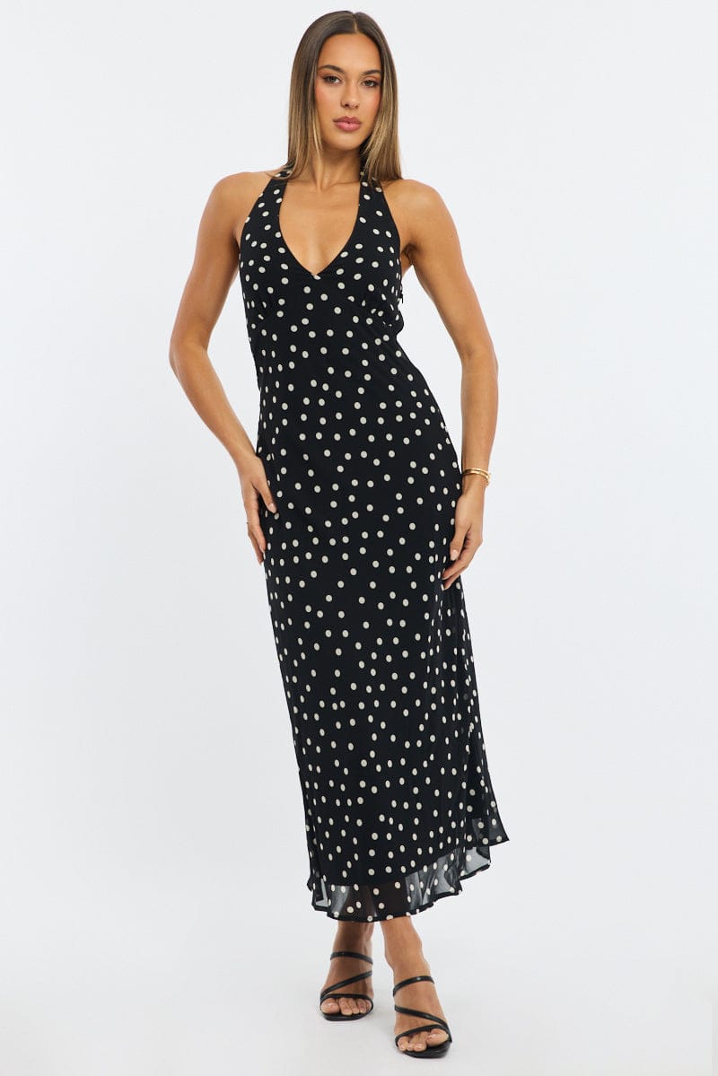 Black Polka Dot Midi Dress Halter Neck for Ally Fashion