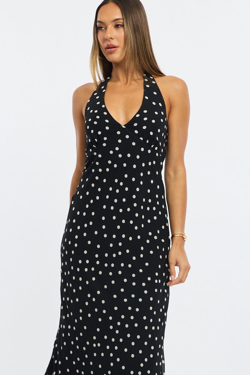 Black Polka Dot Midi Dress Halter Neck for Ally Fashion
