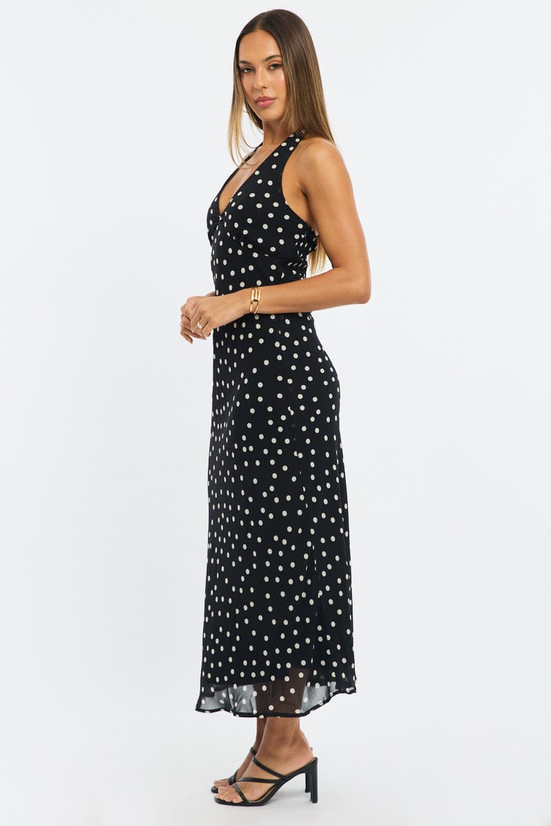 Black Polka Dot Midi Dress Halter Neck