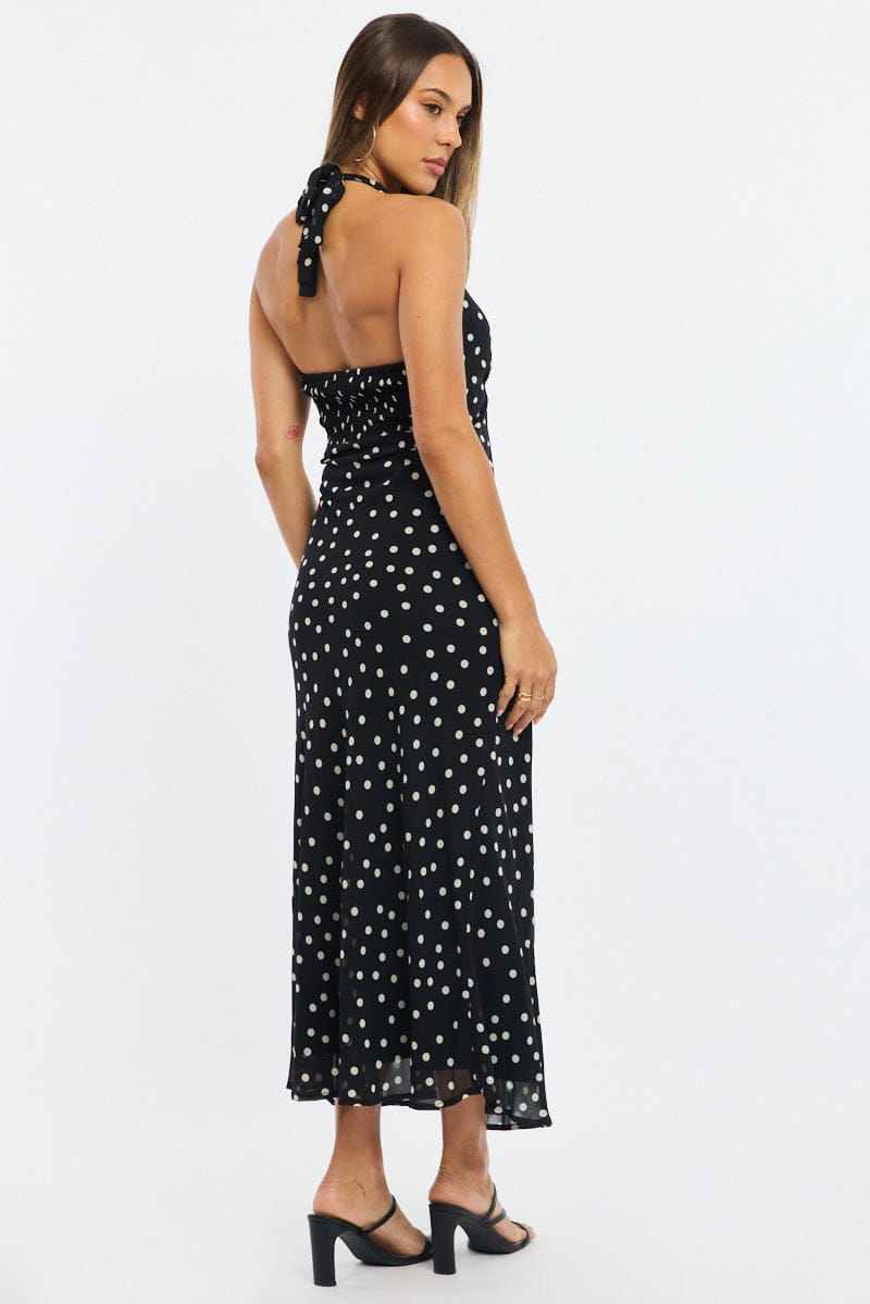 Black Polka Dot Midi Dress Halter Neck for Ally Fashion