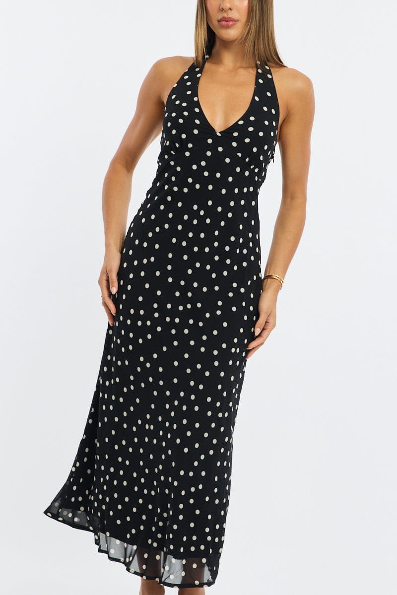 Black Polka Dot Midi Dress Halter Neck for Ally Fashion
