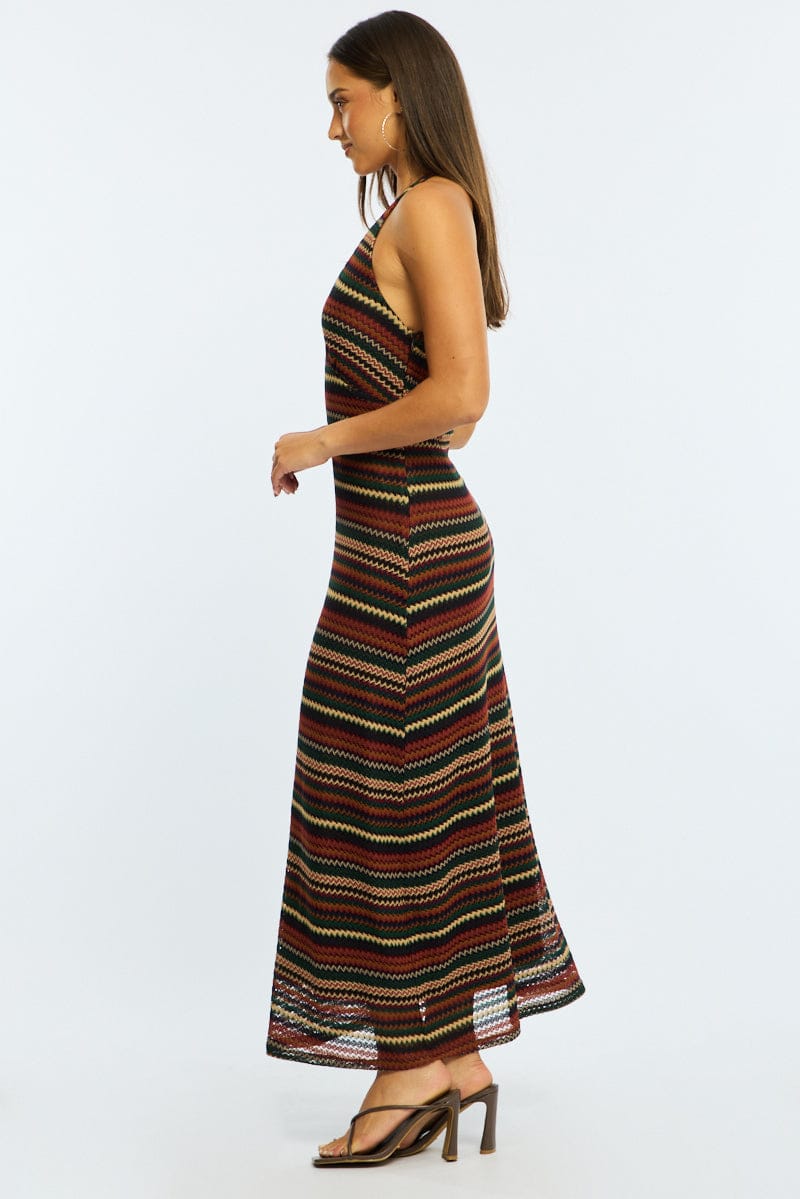 Multi Stripe Midi Dress Halter Neck for Ally Fashion