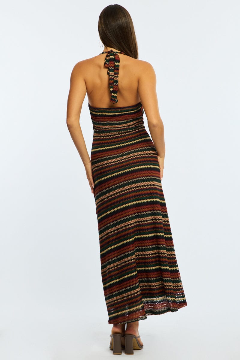 Multi Stripe Midi Dress Halter Neck for Ally Fashion