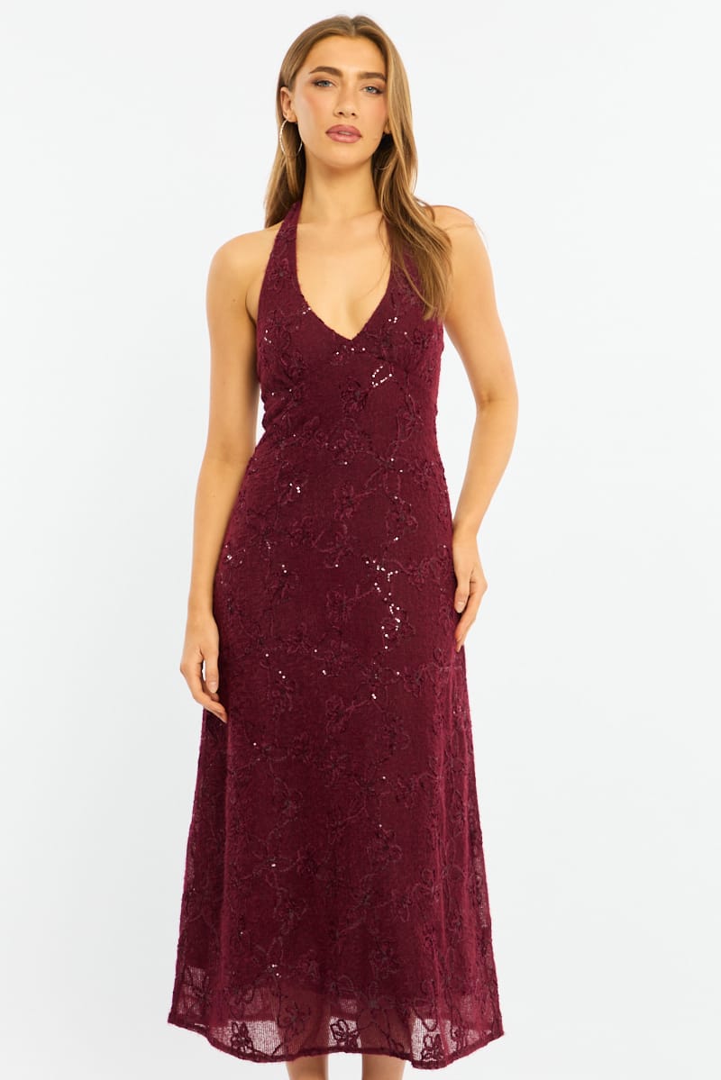 Red Midi Dress Halter Neck for Ally Fashion
