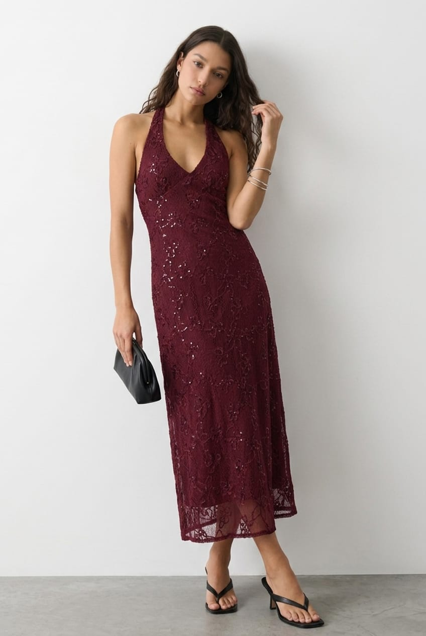 Red Midi Dress Halter Neck for Ally Fashion