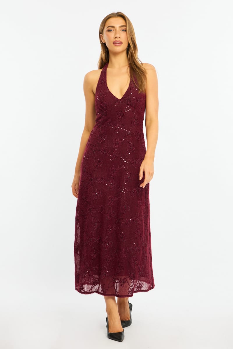 Red Midi Dress Halter Neck for Ally Fashion