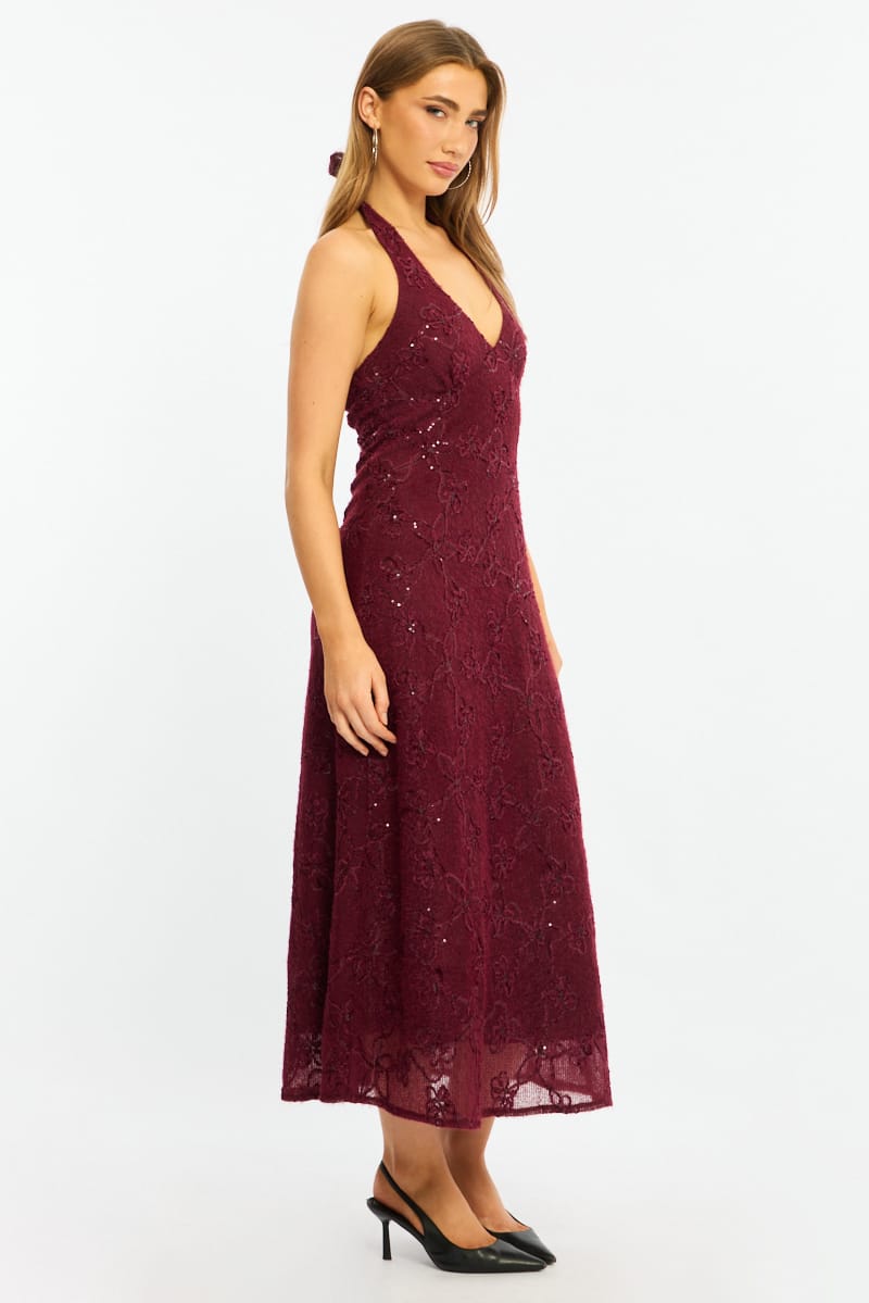 Red Midi Dress Halter Neck for Ally Fashion