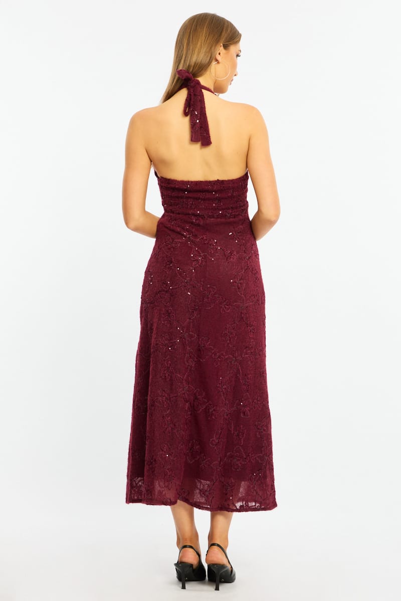 Red Midi Dress Halter Neck for Ally Fashion
