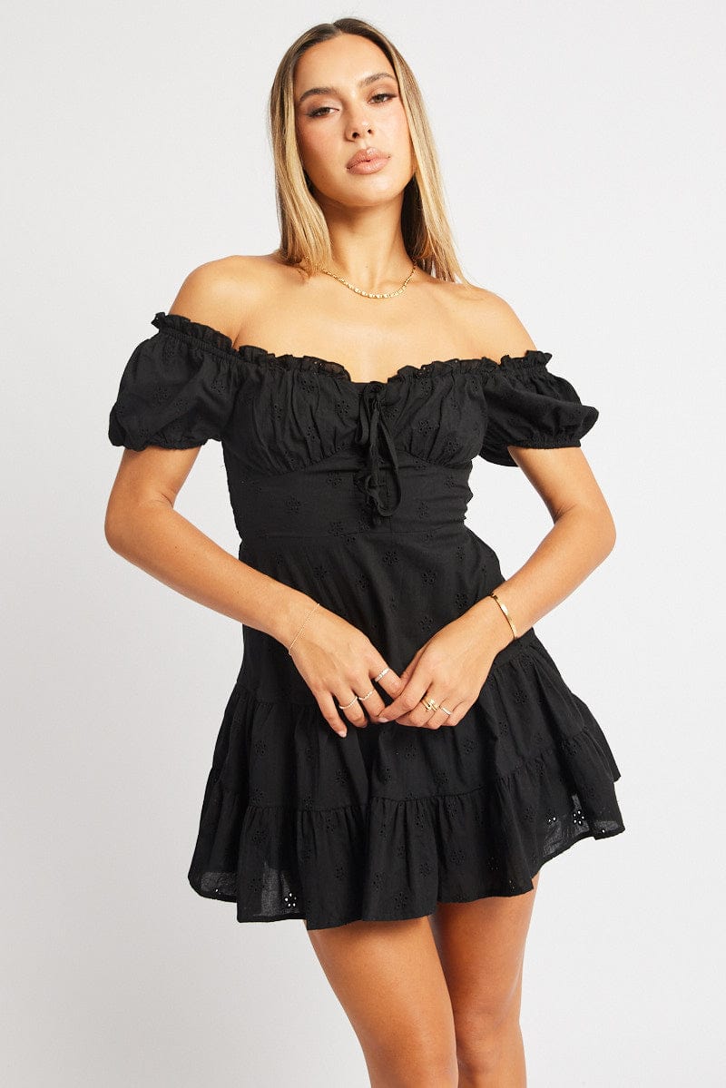 Black Fit And Flare Dress Short Sleeve Eyelet Fabric for Ally Fashion