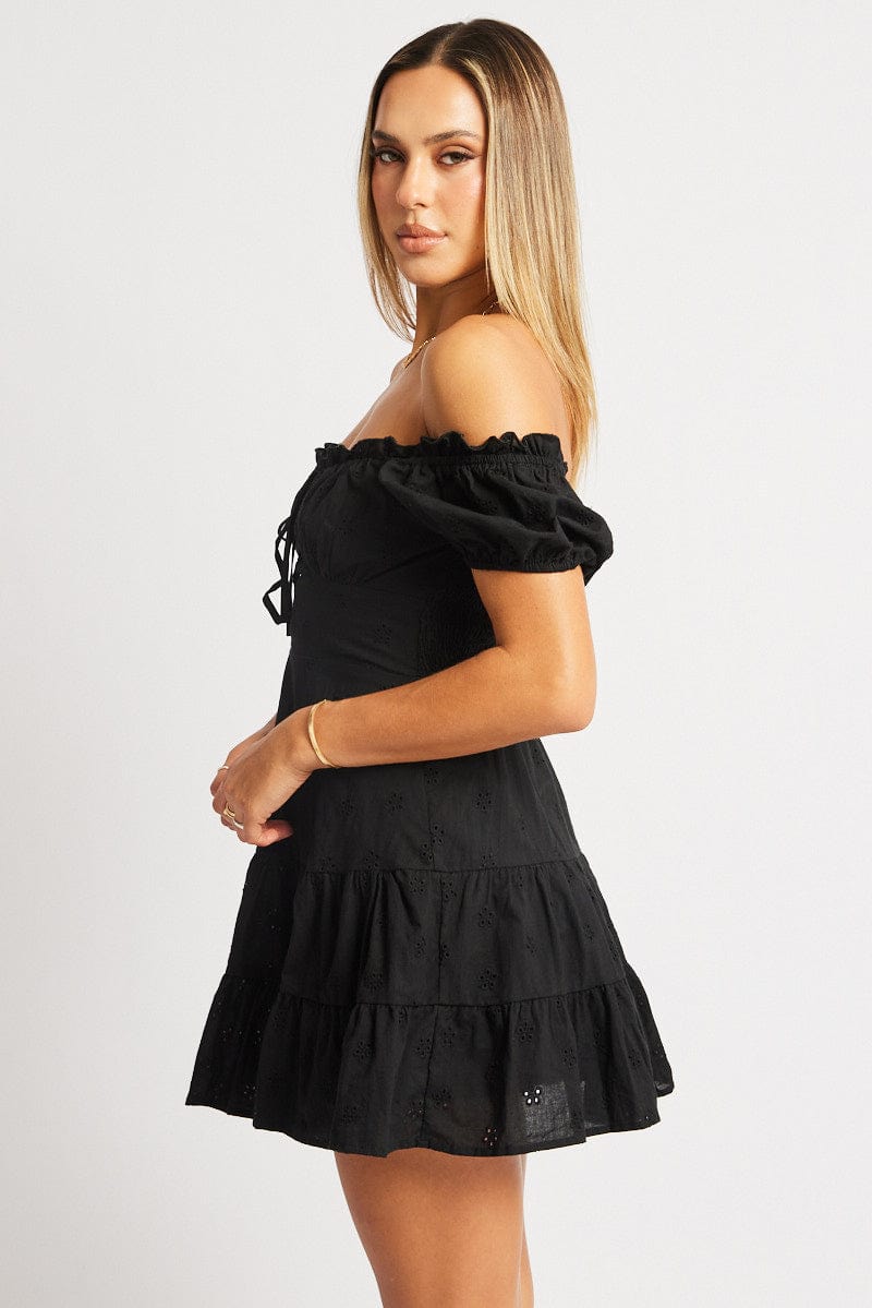 Black Fit And Flare Dress Short Sleeve Eyelet Fabric for Ally Fashion