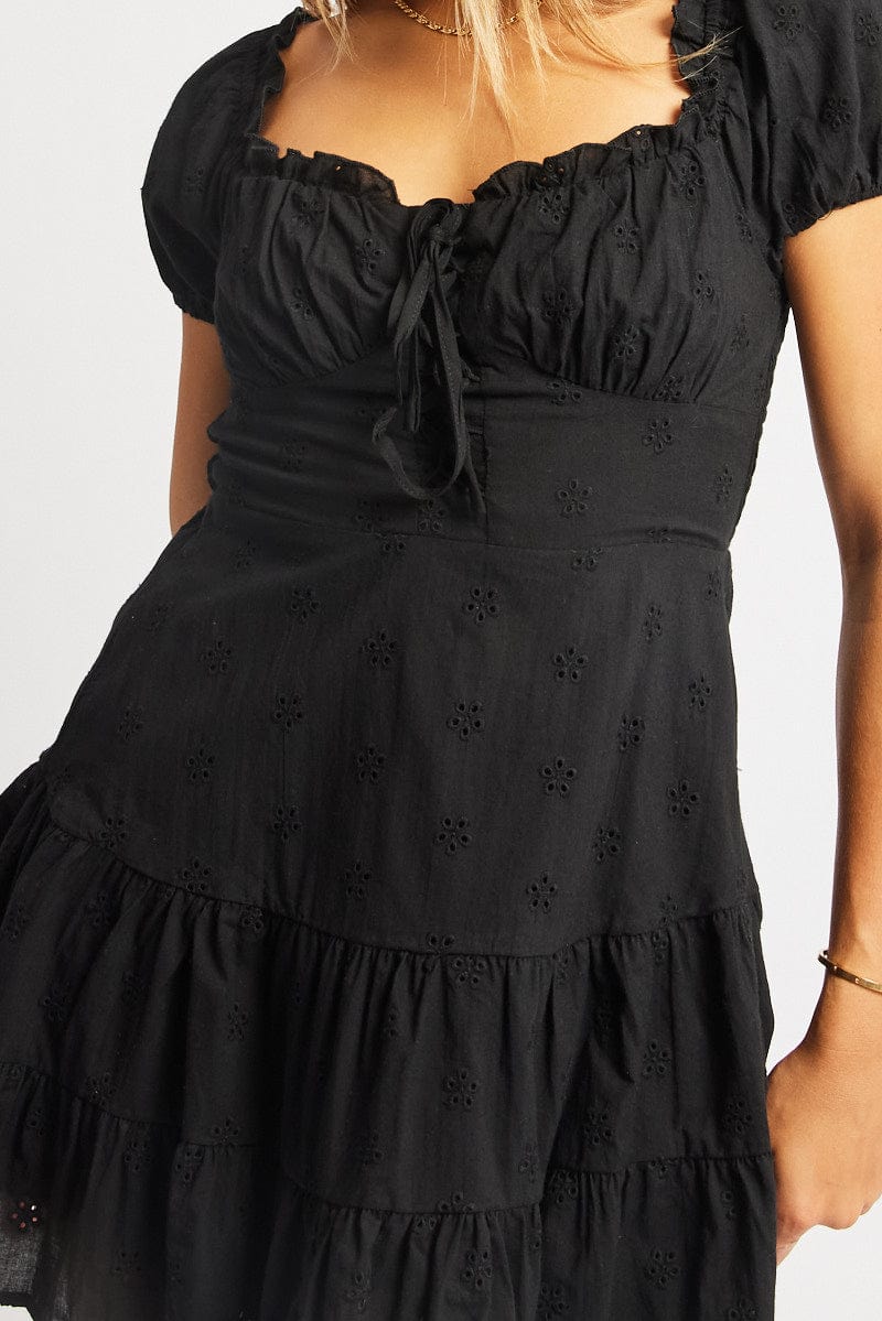 Black Fit And Flare Dress Short Sleeve Eyelet Fabric for Ally Fashion