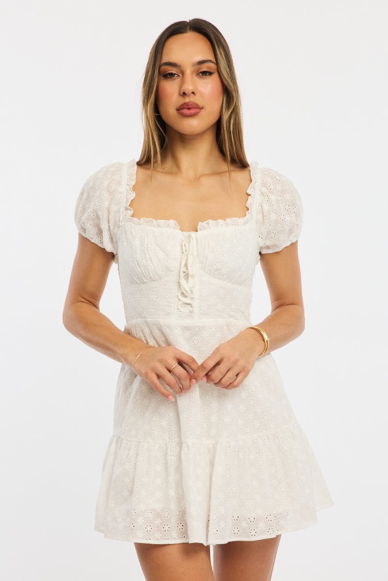 White Fit And Flare Dress Puff Sleeve Eyelet Fabric for Ally Fashion